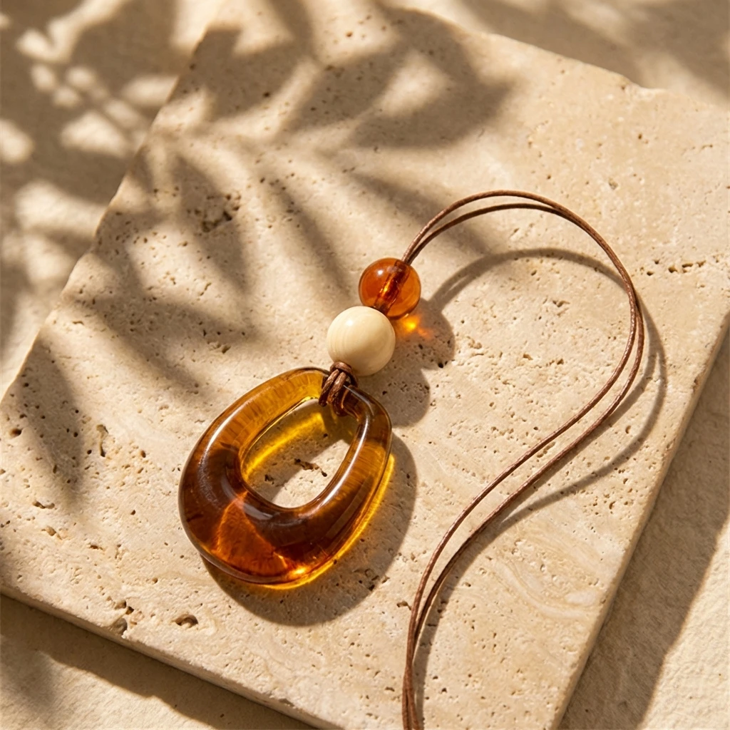 Vintage Bernsteinfarbene Harz-Anhänger-Halskette für Damen, minimalistische geometrische lange Pulloverkette, 2026 Mode, künstlerischer Schmuck, Geschenk – Detail 5