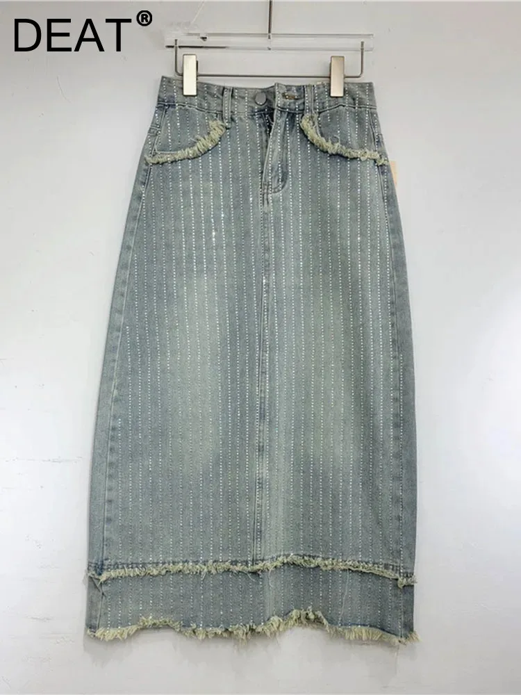 

DEAT Fashion New Women Spliced Plush Edge Diamonds A-line Denim Skirts 2024 Spring Trendy High Waist Long Skirt Female 11XX8701