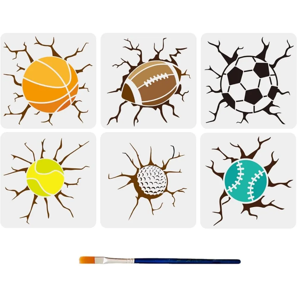 Sports Ball Stencils 11.8×11.8inch Wall Cracks Basketball Football Rugby Baseball Tennis Ball Golf Ball Stencils Reusable