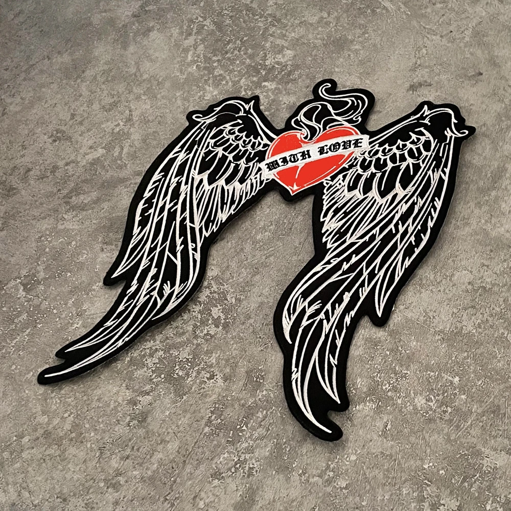With Love On Both Wings Red Heart Boutique Large Embroidery Patch Motorcycle Knight Clothing Accessories Badge DIY Hand Sewing