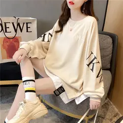 Korean Fake Two Piece Loose Hoodies Long Sleeve O-neck Print Letter Patchwork Trend Pullovers Tops Fashion Casual Women Clothing