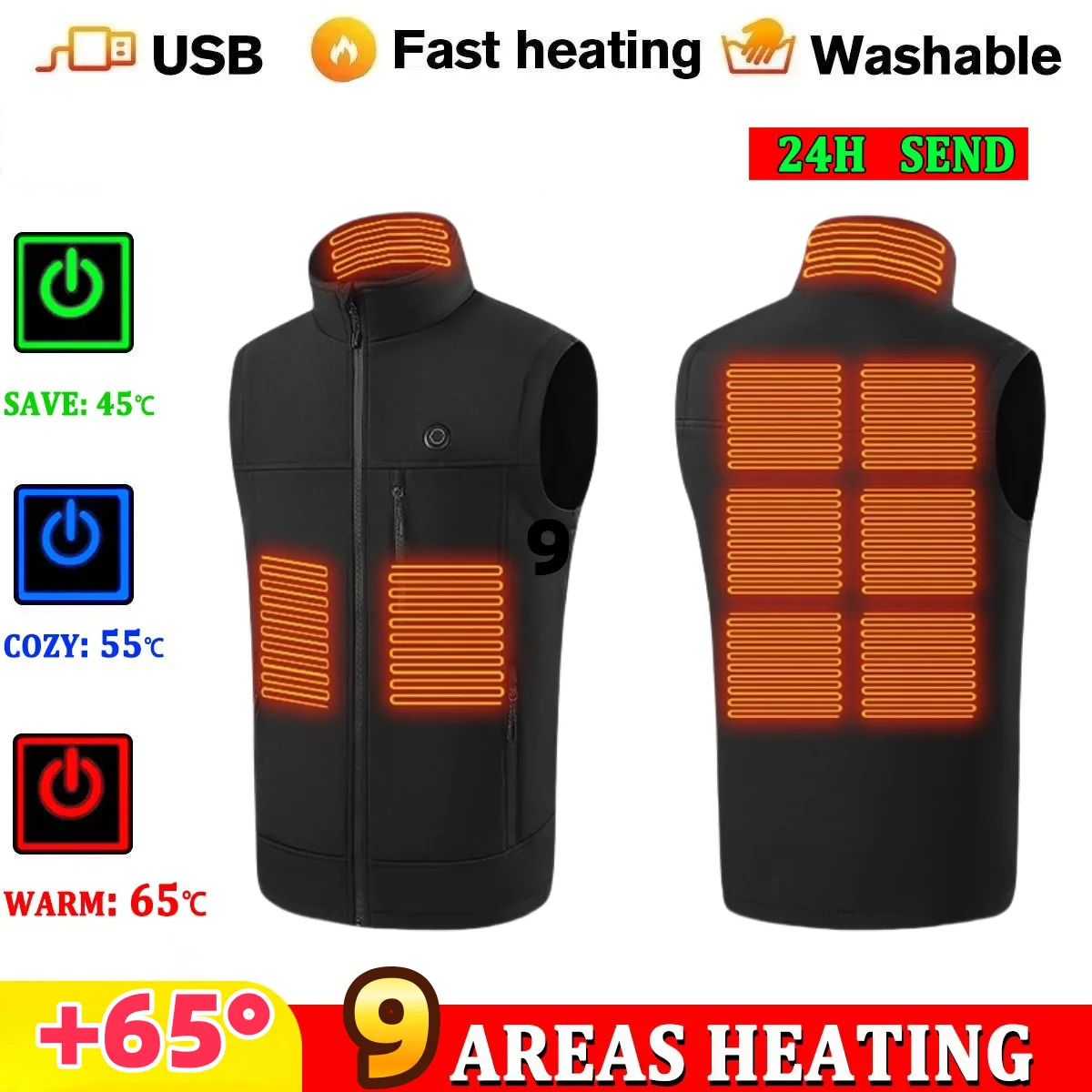 Unisex Electric Heated Vest Men 9 Heating Zones Thermal Clothing Winter Heating Jacket USB Outdoor for Camping Army Green, Black