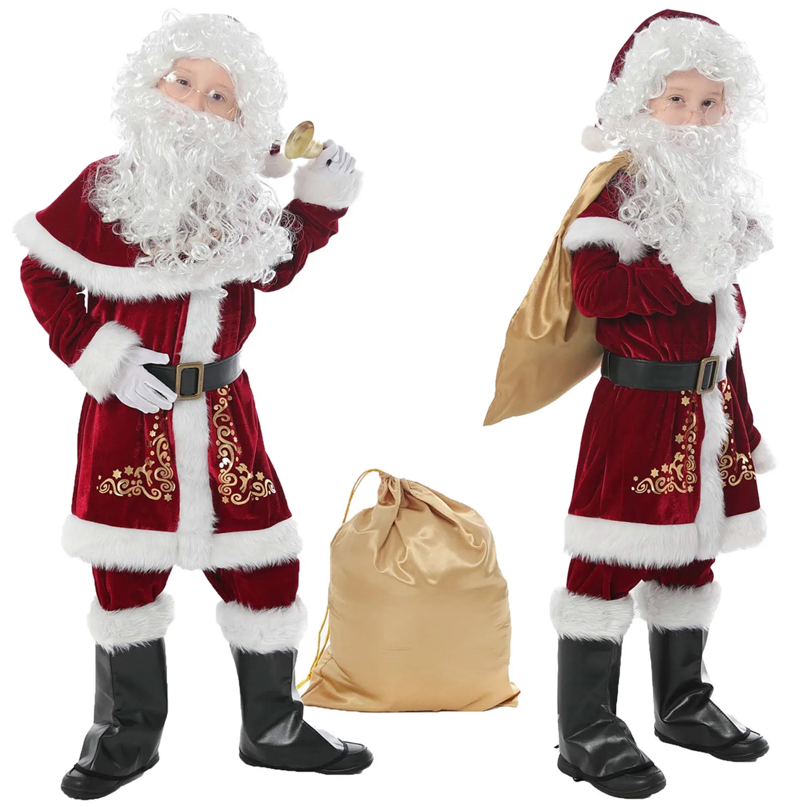 Kids Santa Claus Cosplay Set Boys Christmas Costume 8PCS Classic Carnivals Theme Parties Strong Christmas Atmosphere Soft