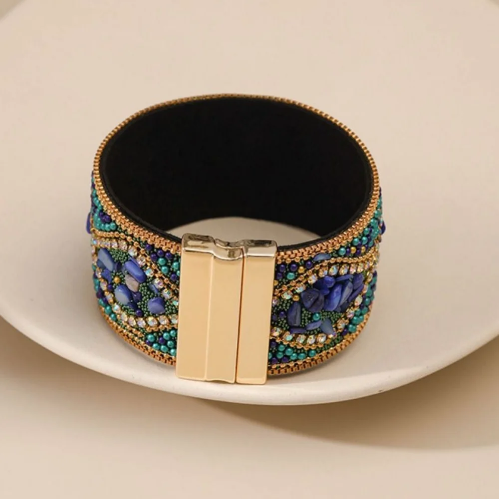 Ethnic Style Magnetic Clasp Bracelet Retro Bohemian Rhinestone Women's Bracelet Flower Pattern Magnetic Closure