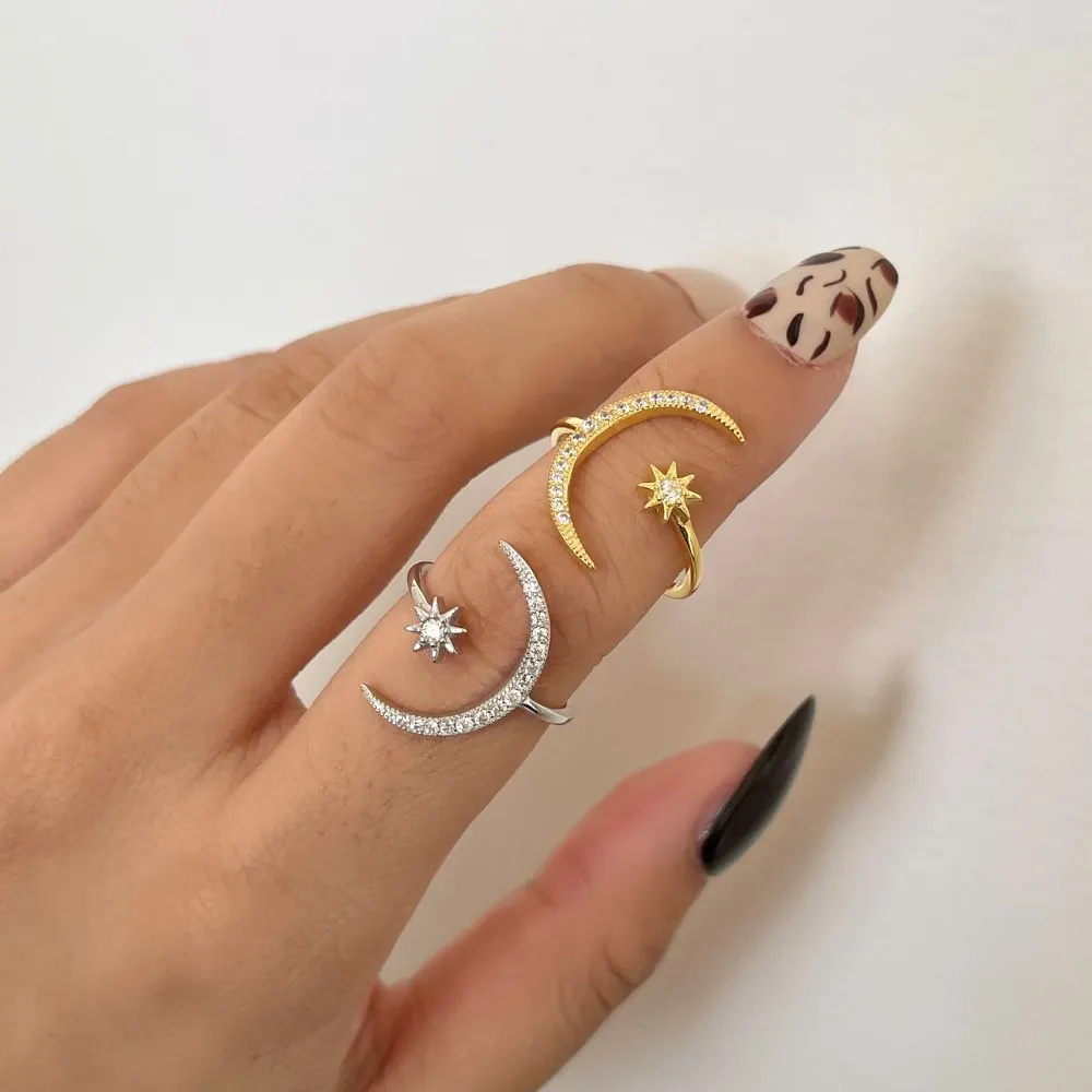 

925 Sterling Silver Sparkling Sona Diamond Moon Stars Finger Rings for Women Couples Trendy Elegant Wedding Bride Jewelry Gift