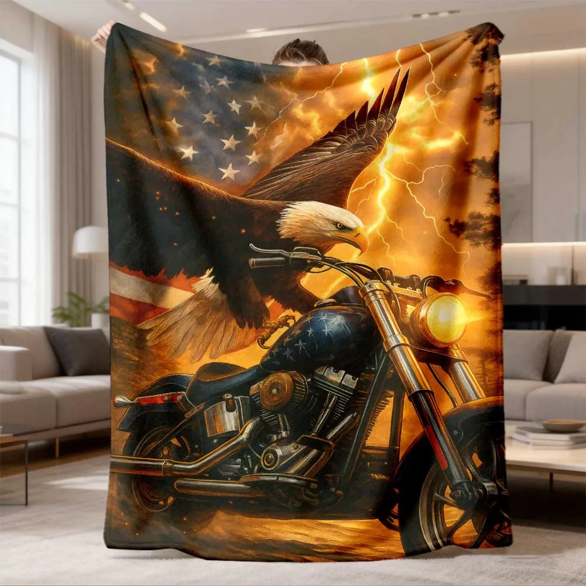 Patriotic Bald Eagle & Vintage Motorcycle Pattern Flannel Blanket Lightweight Warm Plush Throw Blanket US Flag Thunder Scenery