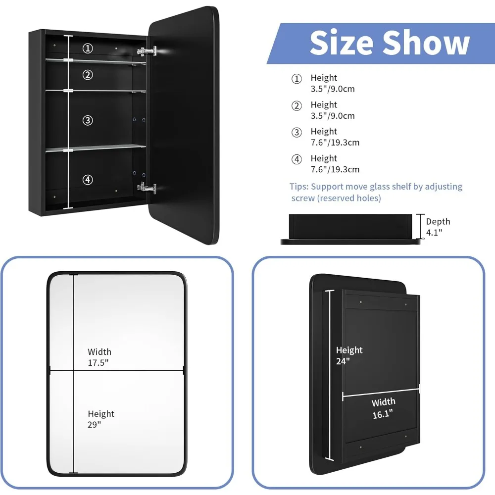 HOWood-Armoire murale encastrée avec cadre en métal noir, miroir incurvé, armoire à médicaments, armoire de rangement HOStorage, 17.5x29 pouces