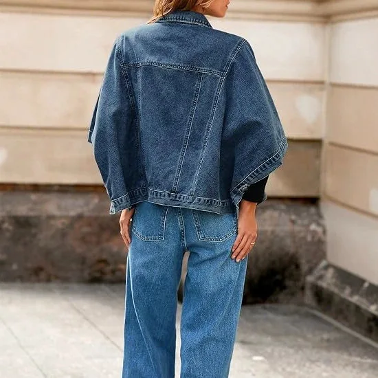 Denim Coat Women Turn Down Collar Jackets Work Casual Jacket Single Breasted Batwing Sleeve Y2k Streetwear Autumn Vintage Washed