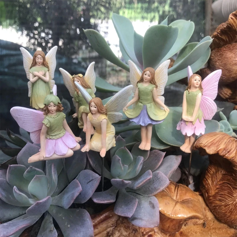 6 Pcs/Set Mini Fairy Figurines Resin Garden Fairies Stakes Miniature Statues Outdoor Garden Pot Plants Decoration Arts Sculpture