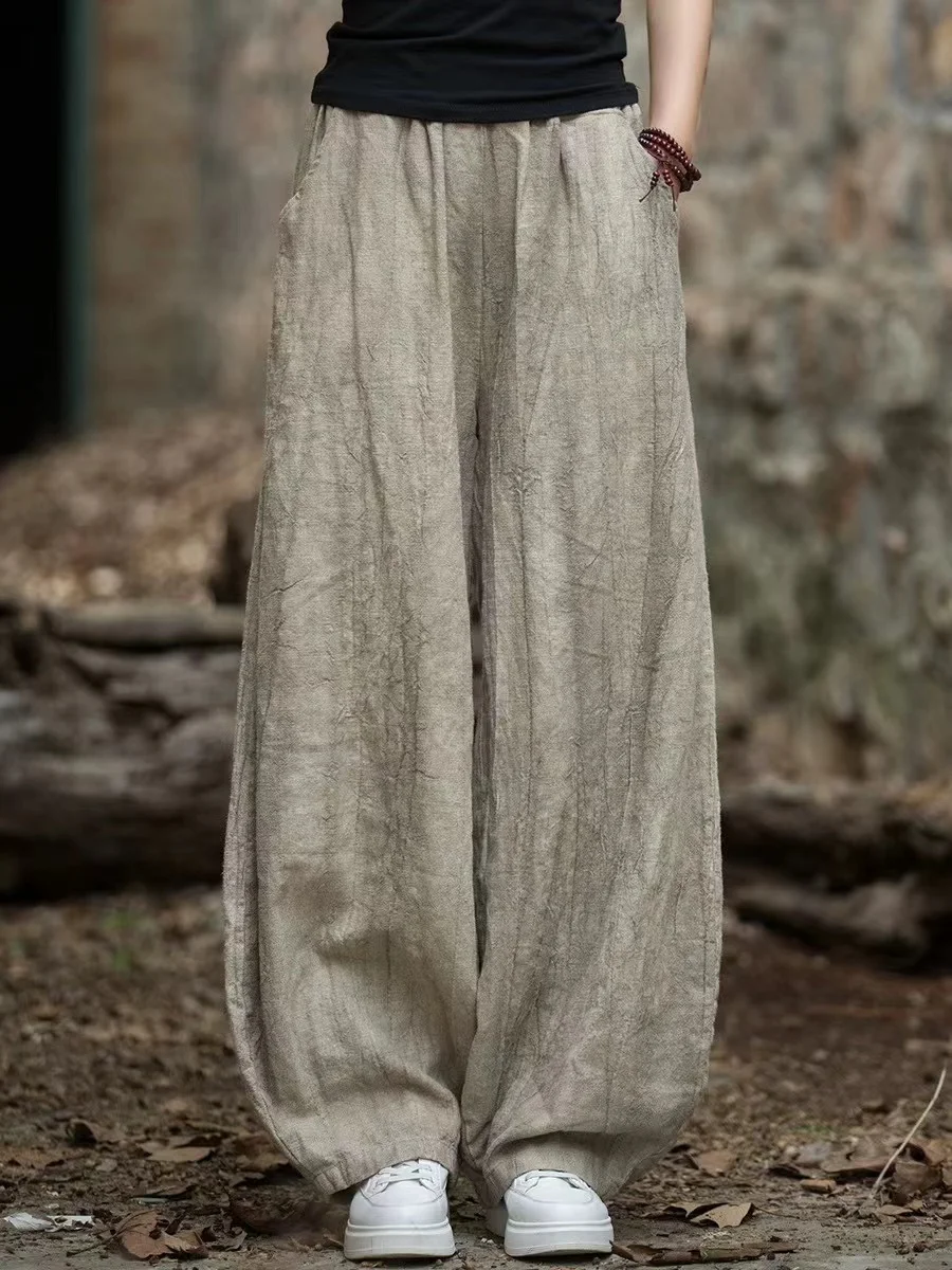 Retro Tie Dye Cotton Linen Casual Pants Women Summer Loose Slim Texture High Waist Draping Lantern Pants Commute Style