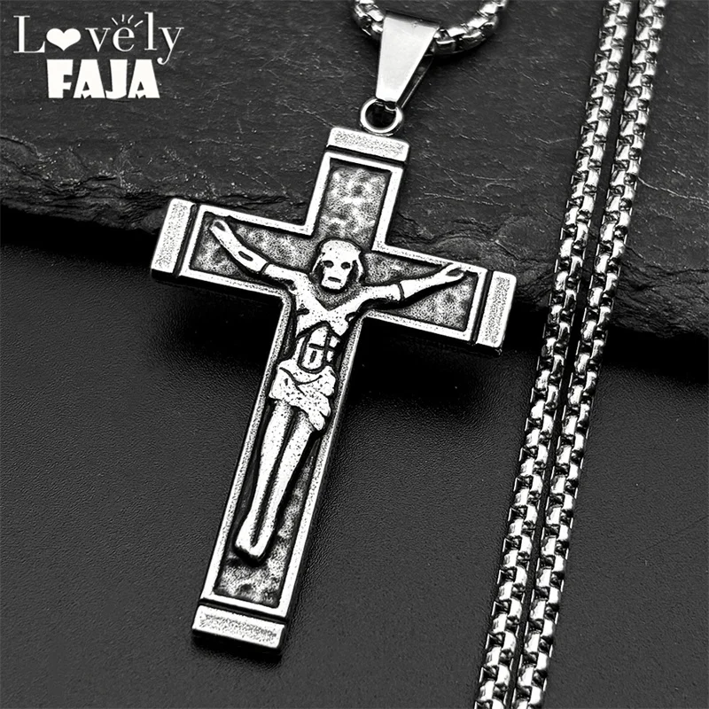 

Christian Cross Jesus Crucifix Stainless Steel Pendant Necklace for Women Men Silver Color Chain Necklaces Amulet Jewelry