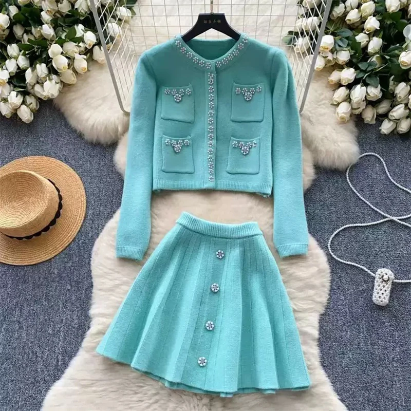 Autumn Women\'s Korean Version Fashion Design Sense Small Fragrance Style 2-Piece Set Elegant Sequin jacket Purple Half Skirt Set