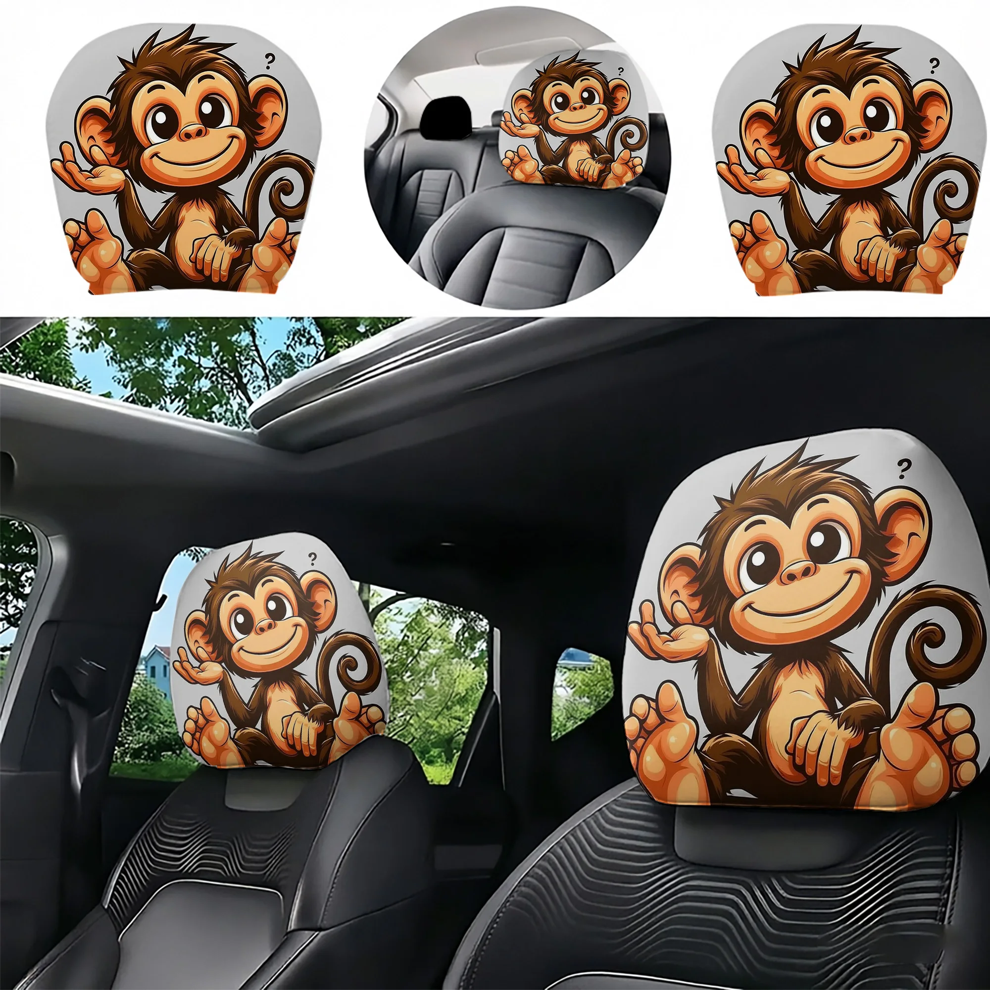 2pcs cute monkey-patterned car headrest covers to add a touch of playfulness to your car interior. Not filled. Easy to install.