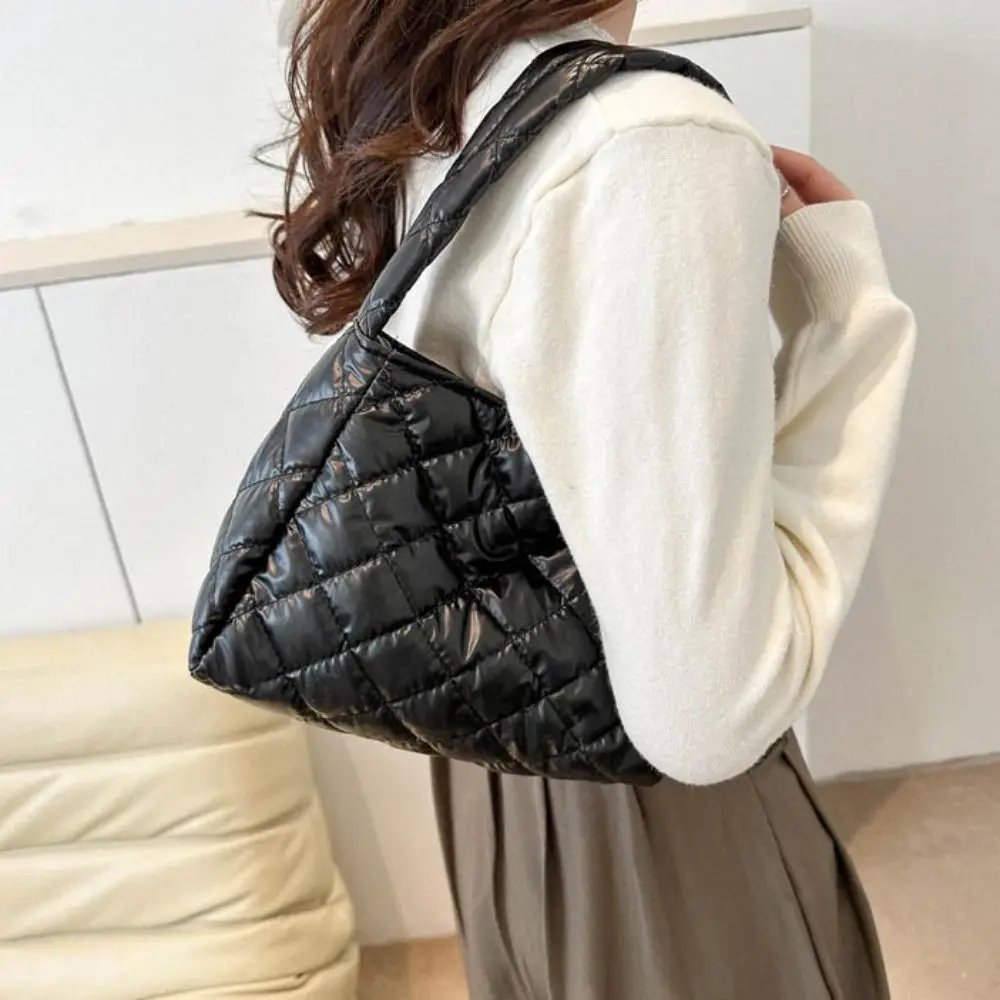 

Large Capacity Padded Puffer Shoulder Bag Cotton Soft Plaid Puffer Tote Bag Solid Color Retro Down Padded Underarm Bag