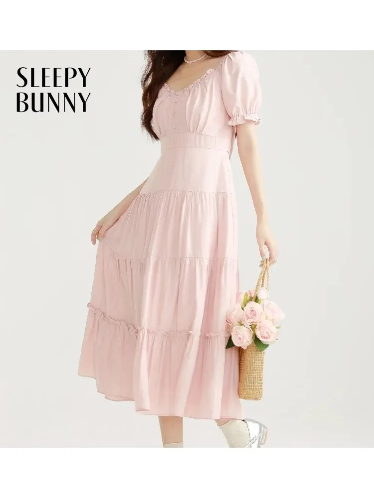 

Women Pink Dress V Neck High Waist Short Sleeve Slim Fit Tiered Cake Midi Sweet Elegant Feminine Gown for Casual Party Outfits