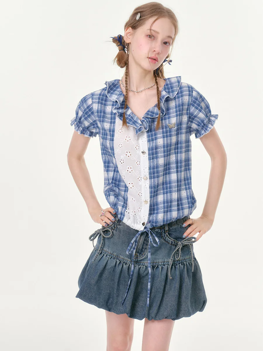 

ZiziFei Island Summer Design Sense Women's Shirt College Style Blue White Plaid Splicing Hollow out Short Sleeve Cotton Blend