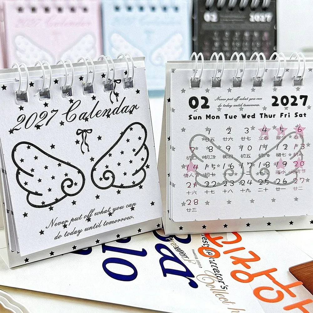 Paper Tabletop Calendar Standing Angel Wing Pattern Spiral Desk Calendar Star Pattern 2626-12- 2027-12 Flip Calendar Home Office