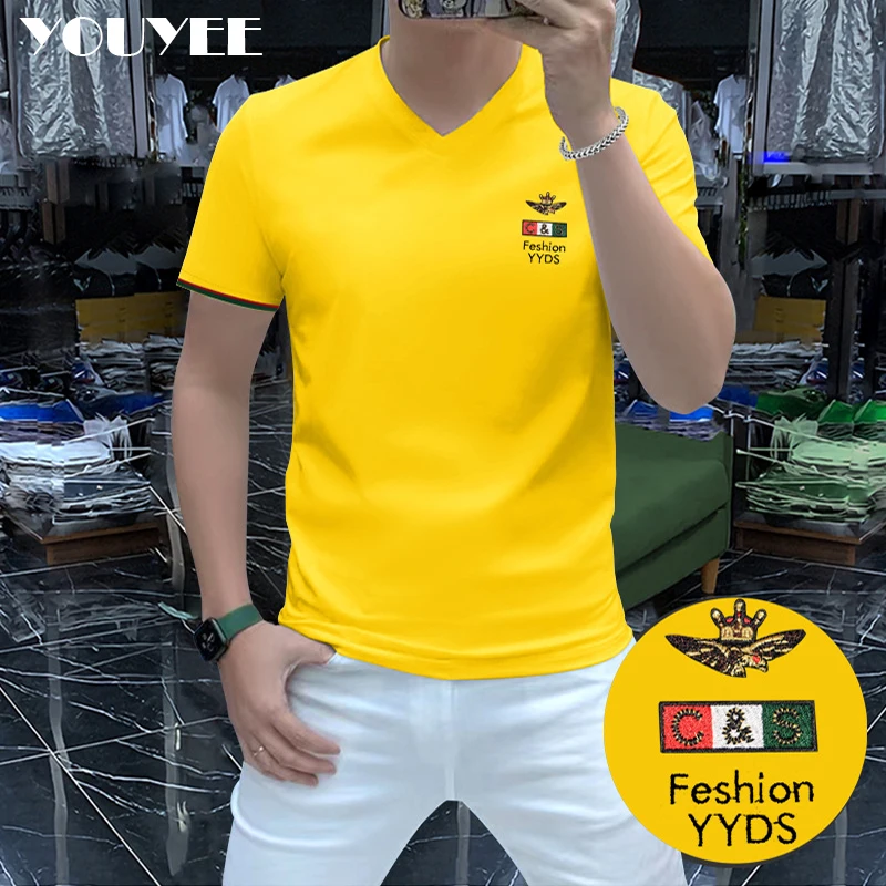 T-shirt da uomo con scollo a v con lettera ricamata 2022 nuovo cotone di seta del ghiaccio Slim abbigliamento maschile Versatile e confortevole