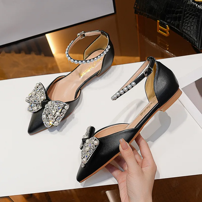 جديد وأشار حجر الراين اللؤلؤ مشبك جوفاء كلمة واحدة حزام الأحذية النسائية المسطحة