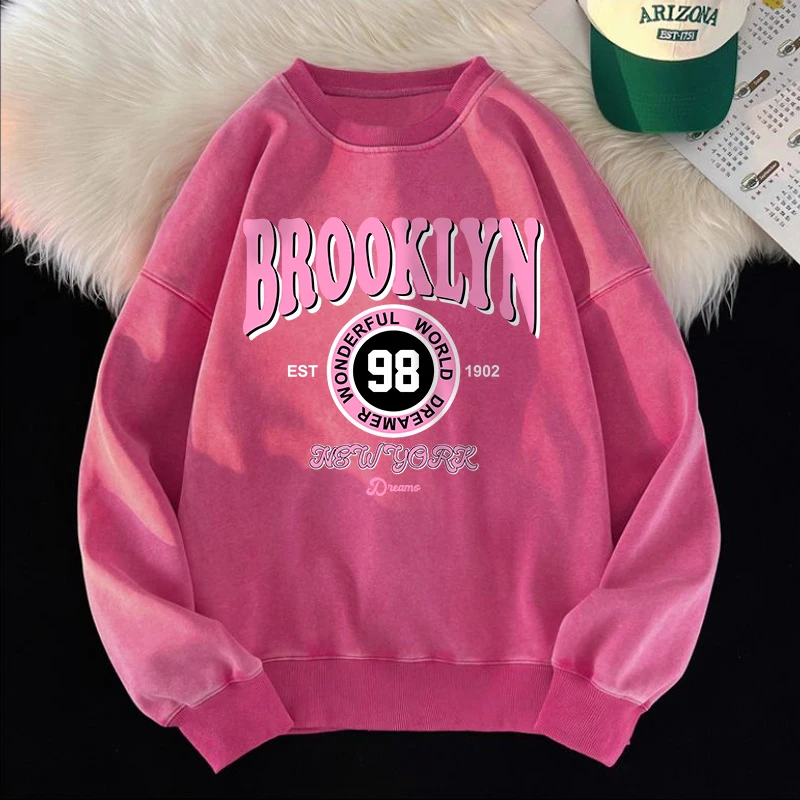 Brooklyn World Dreamer Washed Sweatshirts Women Letter Printing Hoodies Oversized Crewneck Cotton Tops Fashion Woman Pullover