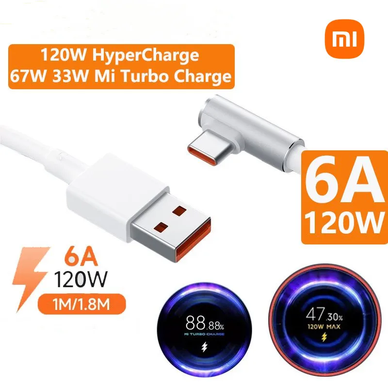 Cargador súper rápido USB Original Xiaomi 120W 6A para Mi 12 11 POCO X5 X4 Pro Redmi Note 8 9 10 11 Cable de carga tipo C de 90 grados