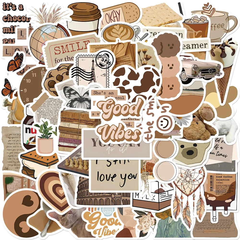 60 Pcs Brown Aesthetic Stickers Vintage Minimalist Decor Decals For Notebook Phone Case Laptop Luggage Journal Diary Decoration