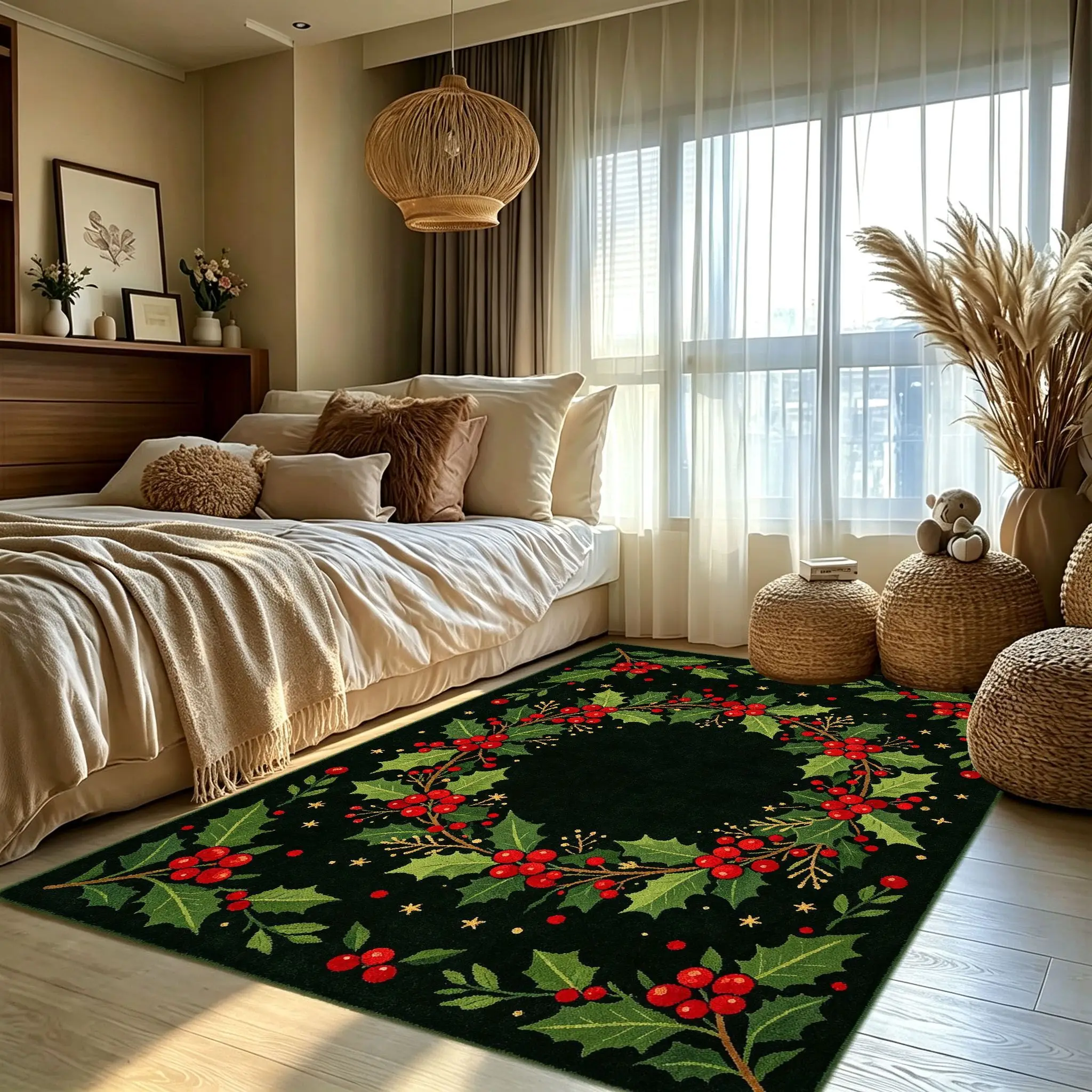 1pc Luxury Christmas Holly Berry Area Rug, Soft Non Slip Floor Mat, Machine Washable, Rectangular Jumbo Mat for Living Room