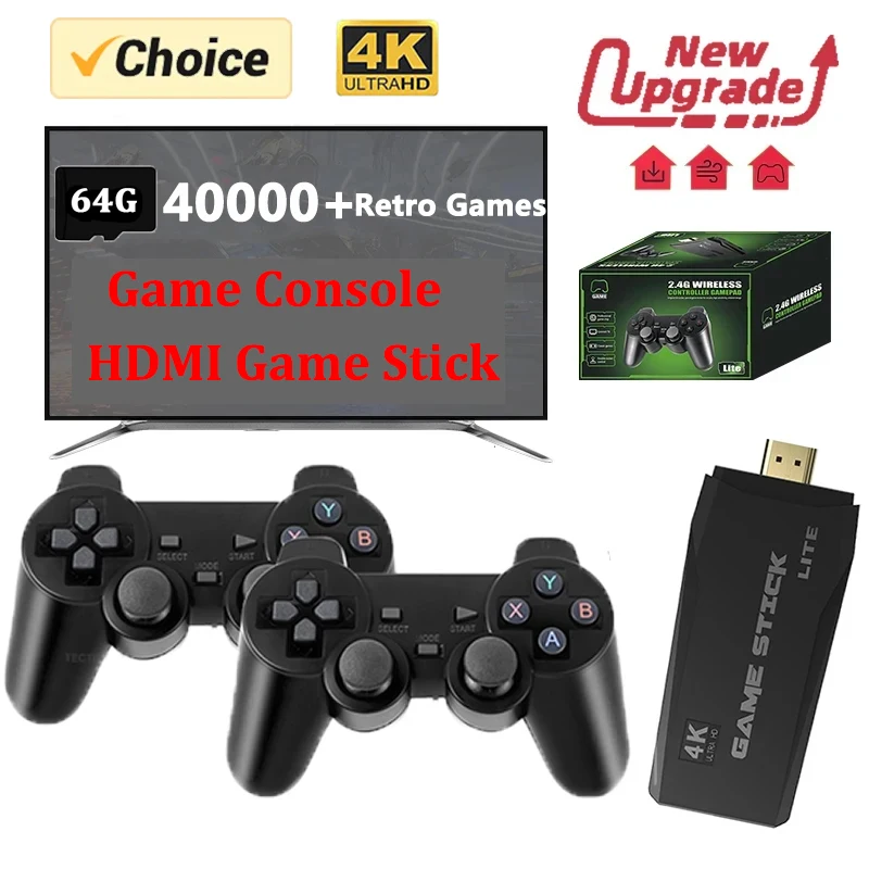 Video Game Sticks M8 Console 2.4G Dual Wireless Controller Game Stick 4K 10000 Games 64GB Retro Game for Christmas Gift