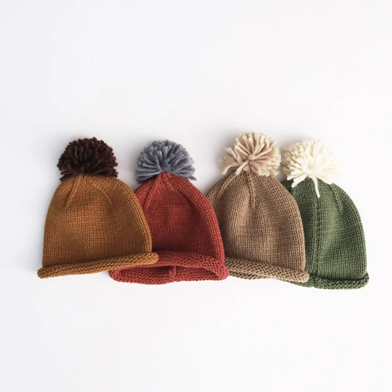 

Детская шапка унисекс с большим помпоном, детская вязаная шапка для девочек и мальчиков, осенне-зимняя детская толстая однотонная вязаная теплая шапка для детей 1-6 лет