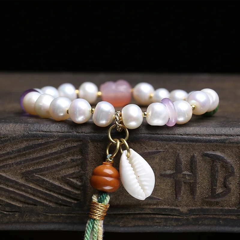 Natural Pearl, Fashionable Yanyuan Agate, Pixiu, Scroll Pattern Beads, Monkey-Head Gourd and Amethyst Bracelet