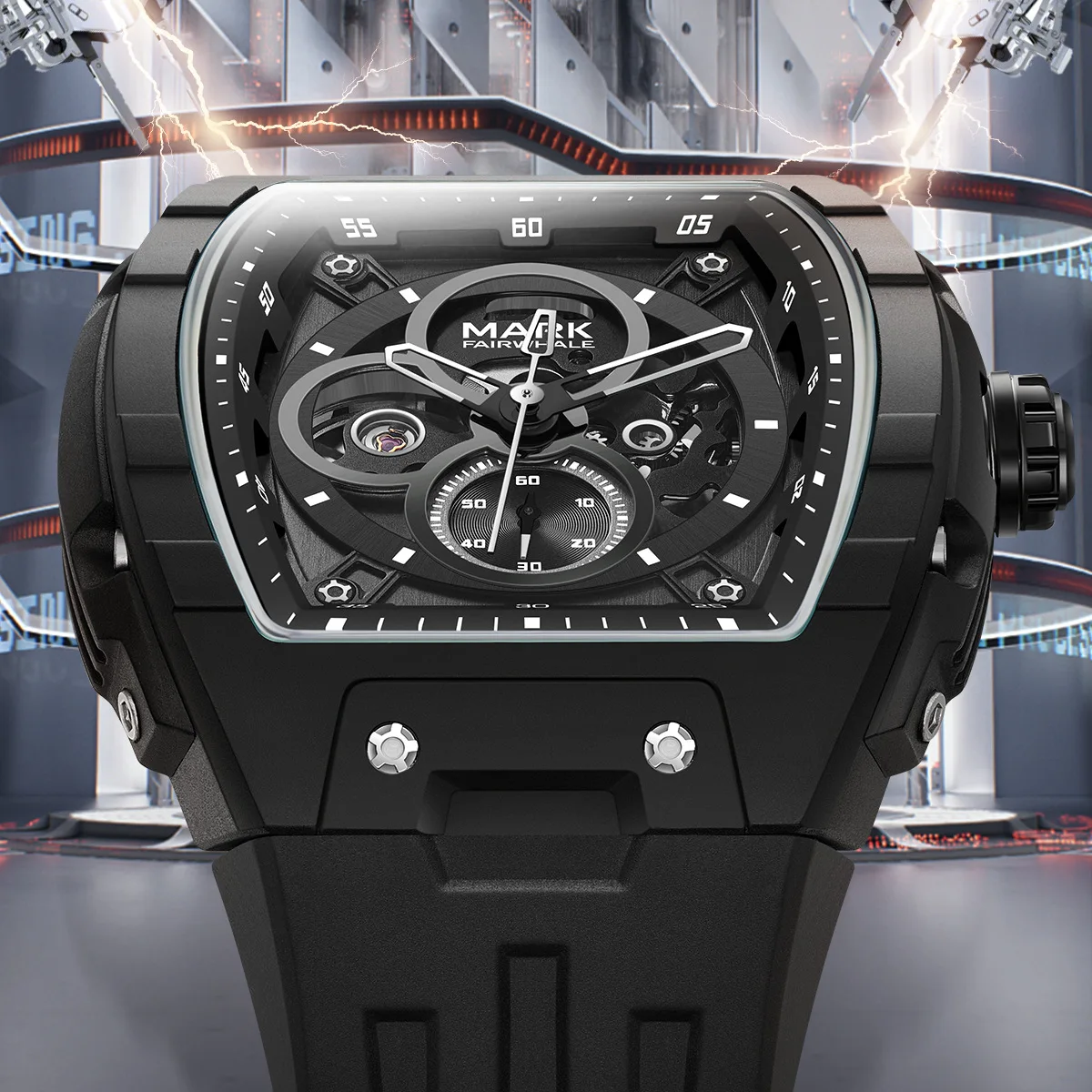 

Mark Fairwhale Top Brand Tonneau Design Mechanical Watch Men Sport Rubber Strap Waterproof Automatic Tourbillon Watches Mens