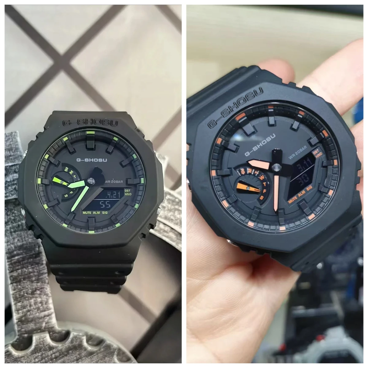 

9898 Store Green Black Sport Unisex Watch Full Function World Time LED Dual Display Rubber Strap Oak Luminous