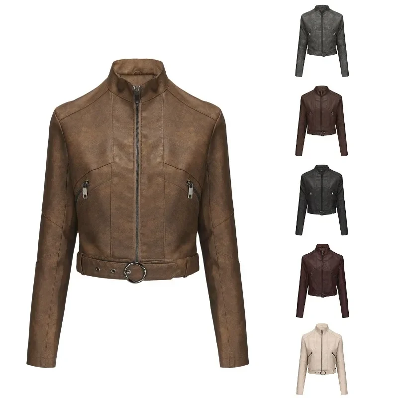 Blouson en cuir à manches longues pour femmes, veste style motard, avec ceinture audio et fermeture éclair, mode européenne et américaine, nouvelle collection printemps et automne