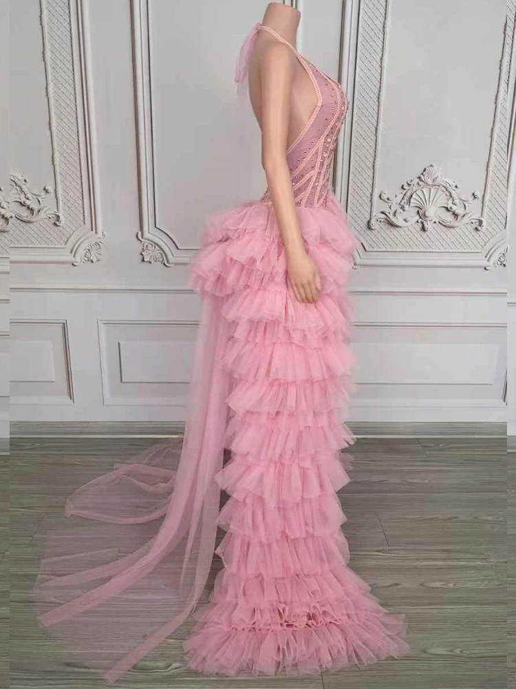 Hochwertige Heißprägung, sexy Hals hängendes Netz-langes Kleid, 2025, neue Mode, individuelle Damenbekleidung