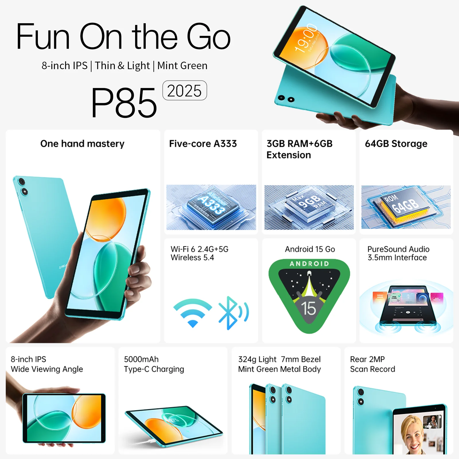 Teclast P85 2025 Android 15 แท็บเล็ต 8 "IPS 9GB(3GB + 6GB Expansion) RAM 64GB ROM A333 5-core Wi-Fi 6 Type-Cโลหะ 5000mAh