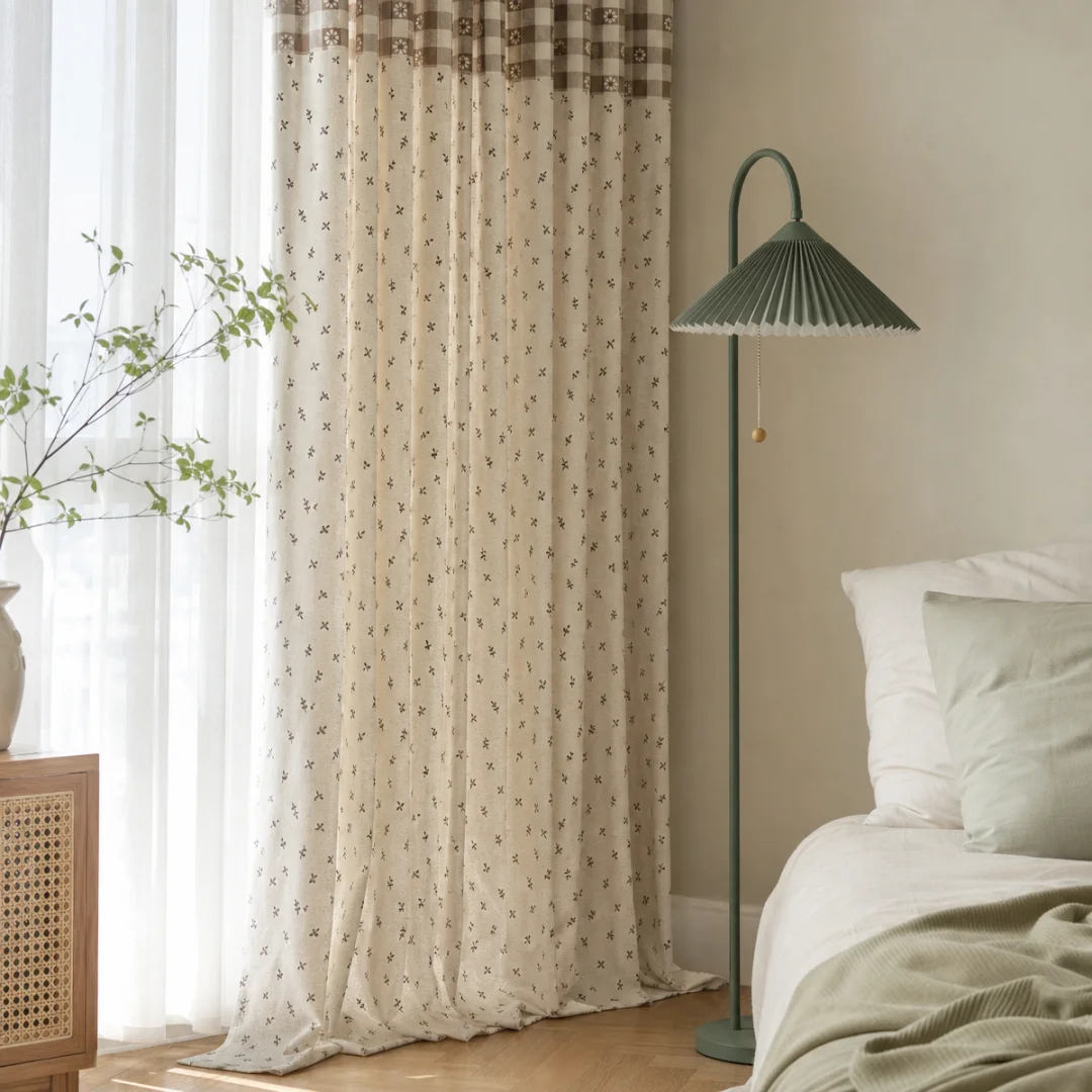 Vintage Plaid Spliced Daisy Embroidered Curtain,Textured Woven Drapes,Cute Farmhouse Window Curtains for Bedroom Home Decor