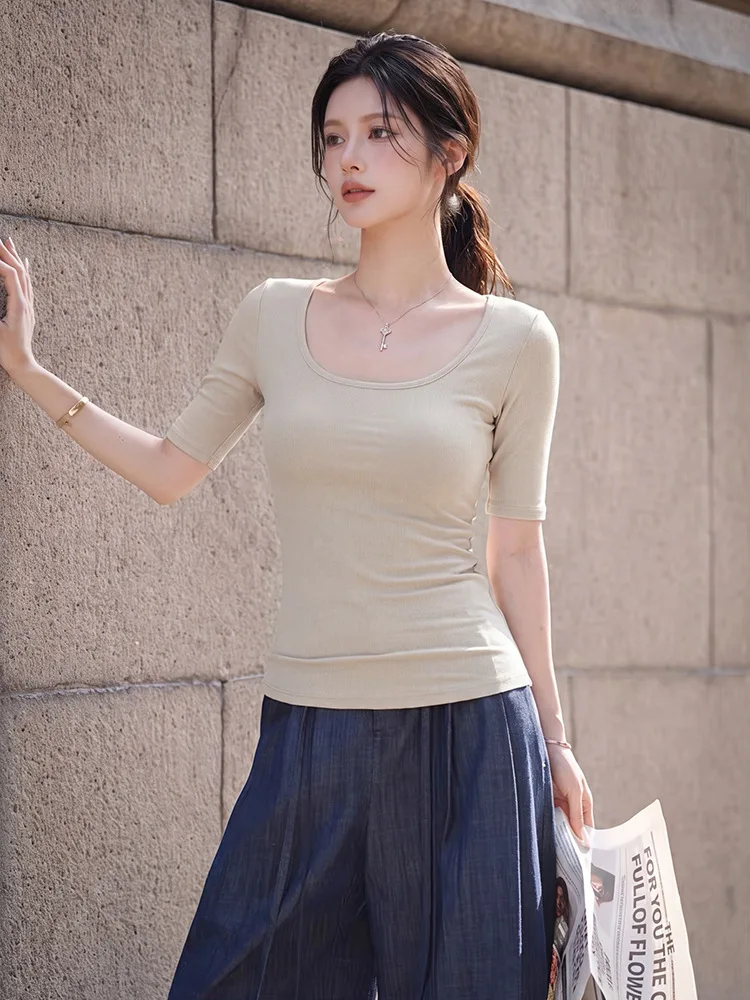 Harajuku Minimalist Olive Green U-neck Form-fitting Top Elbow Half Sleeve Ribbed Casual T-shirt For Women Multiple Color Options