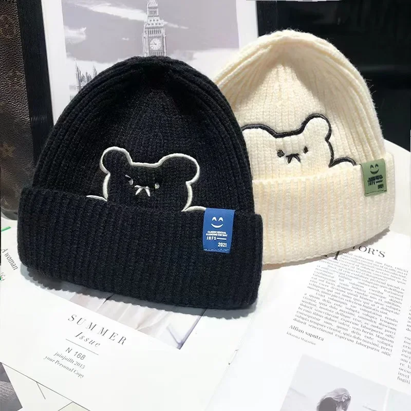 2023 New Bear Winter Wool Hat Woman Korean fashion Cap Trend Keeps Warm Ear Protection Cute Winter Knitted Hat Tide