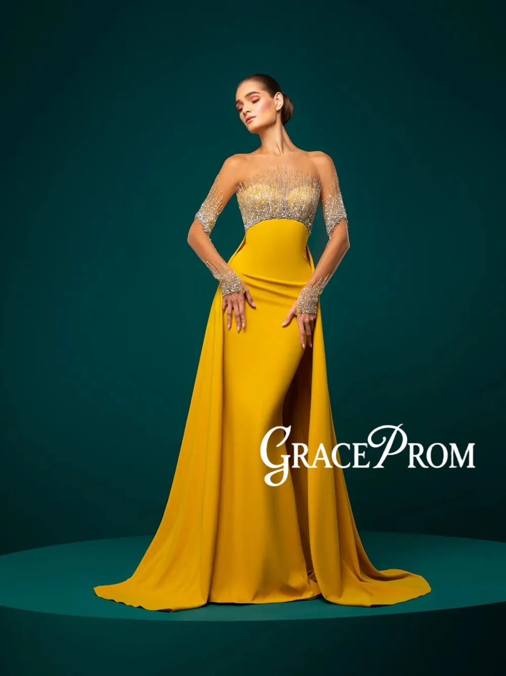 

Bright Yellow Long Sleeve Evening Dress Glamorous Beaded Sequined Bodice Mermaid Prom Dress Customized Modern Galas Party Wear
