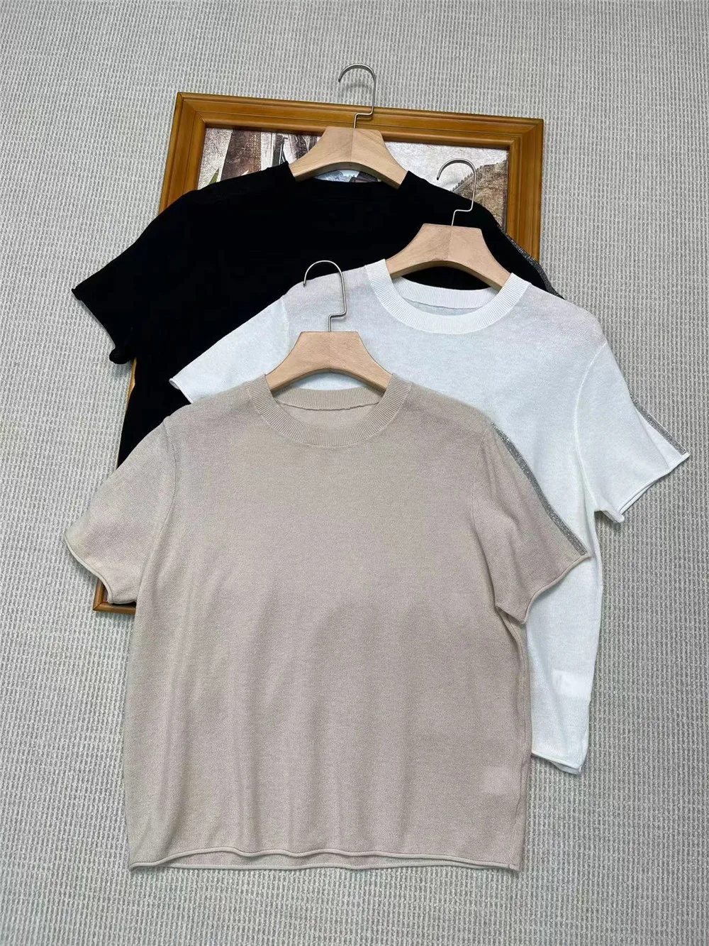 

Women's Short Sleeve T-Shirt Silk Linen Bead Chain O-Neck Pullover Tops For Summer B*C Female Clothing