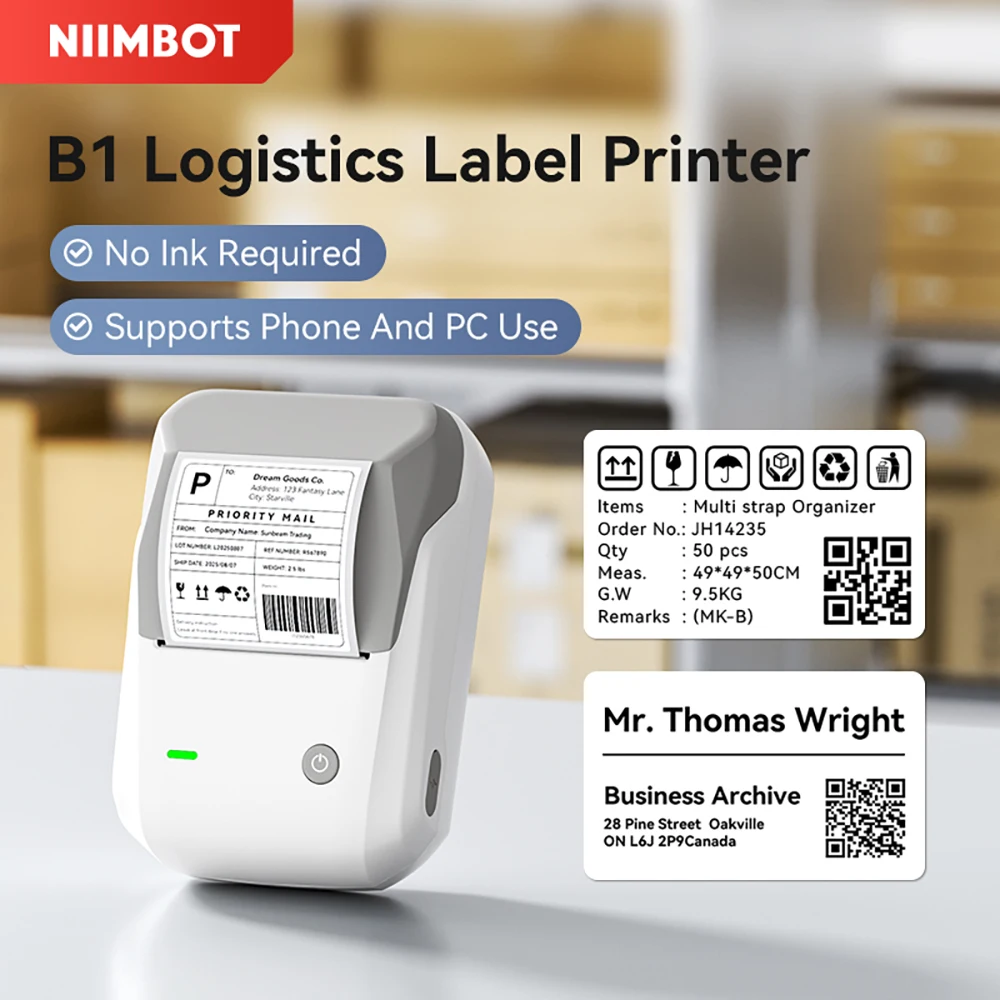 Niimbot B1 Thermal Printer Wireless Label Maker Inkless Buissness Tag Price Machine 20-50mm Width Barcode Shipping Printer