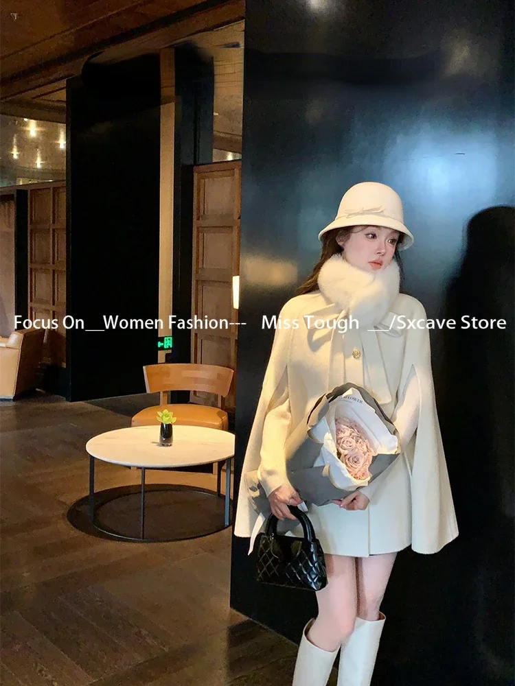 French Elegant Cloak Overcoat Women Korean Fashion Vintage Jacket Cape Coats Office Lady Evening Party Clothing Winter Chic