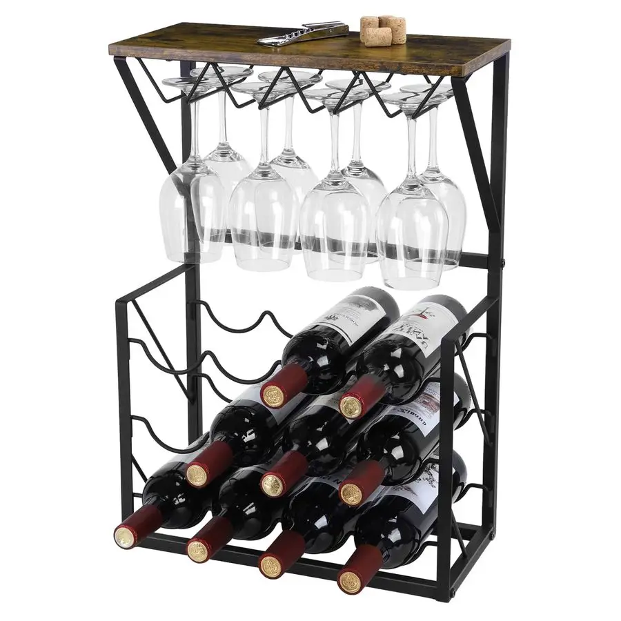 Estante para Botellas de Vino de Madera, Soporte de Almacenamiento de Vino para Encimera, Capacidad para 12 Botellas de Vino y 8 Copas, Soporte de Vino Independiente para Cocina, P