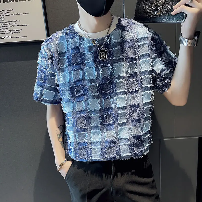 Fashion O-Neck Spliced Loose Plaid T-Shirt Men\'s Clothing 2023 Summer New Casual Pullovers Tops Short Sleeve Tee Shirt