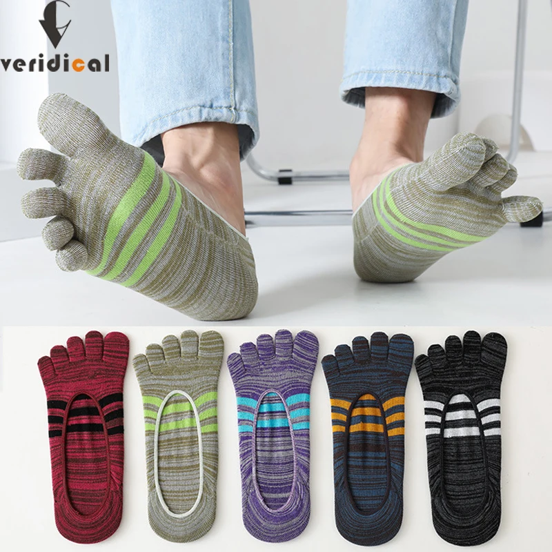 Summer Man Toe Socks Invisible Cotton Striped Colorful Young Casual Vintage Non-Slip soft Shallow Mouth No Show 5 Finger Socks