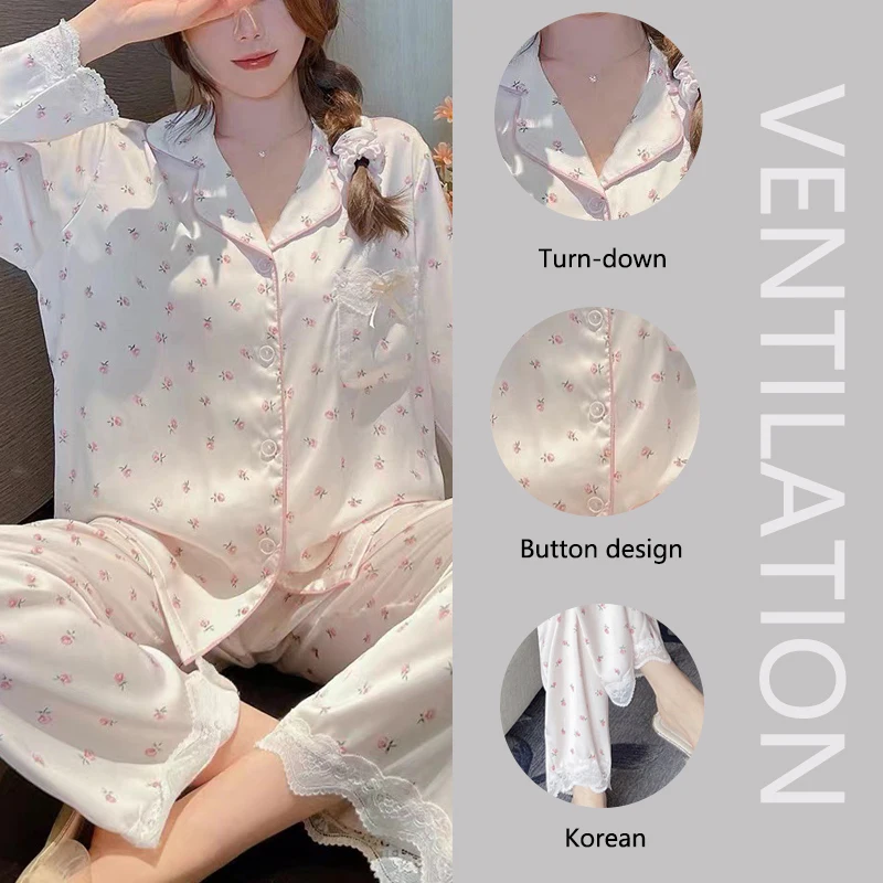 Women Pajamas Set Autumn and Winter Long-Sleeved Girl Homewear Cardigan Lapel Peach Pattern Ladies Silk Comfortable Sleepwear