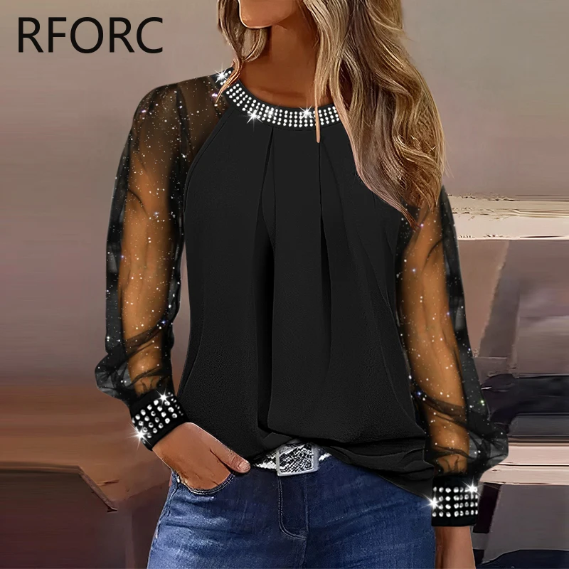 2023 Women Glitter Rhinestone Decoration Round Neck Causal Black Blouse Top