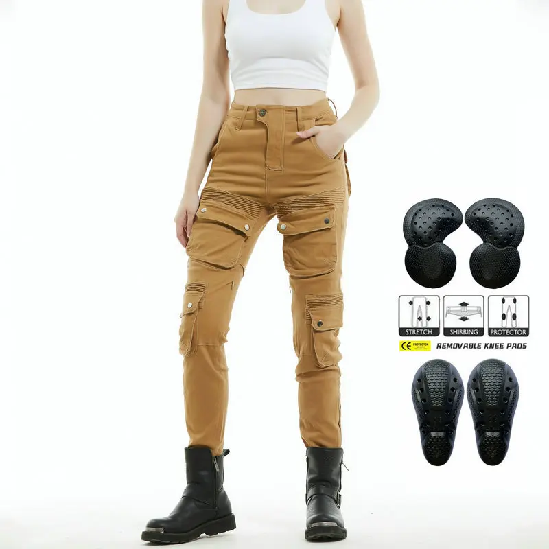 Fashion Women Vintage Khaki Cargo Motorcycle Riding Pants, Casual Multi Pocket Biker Motorbike Trousers
