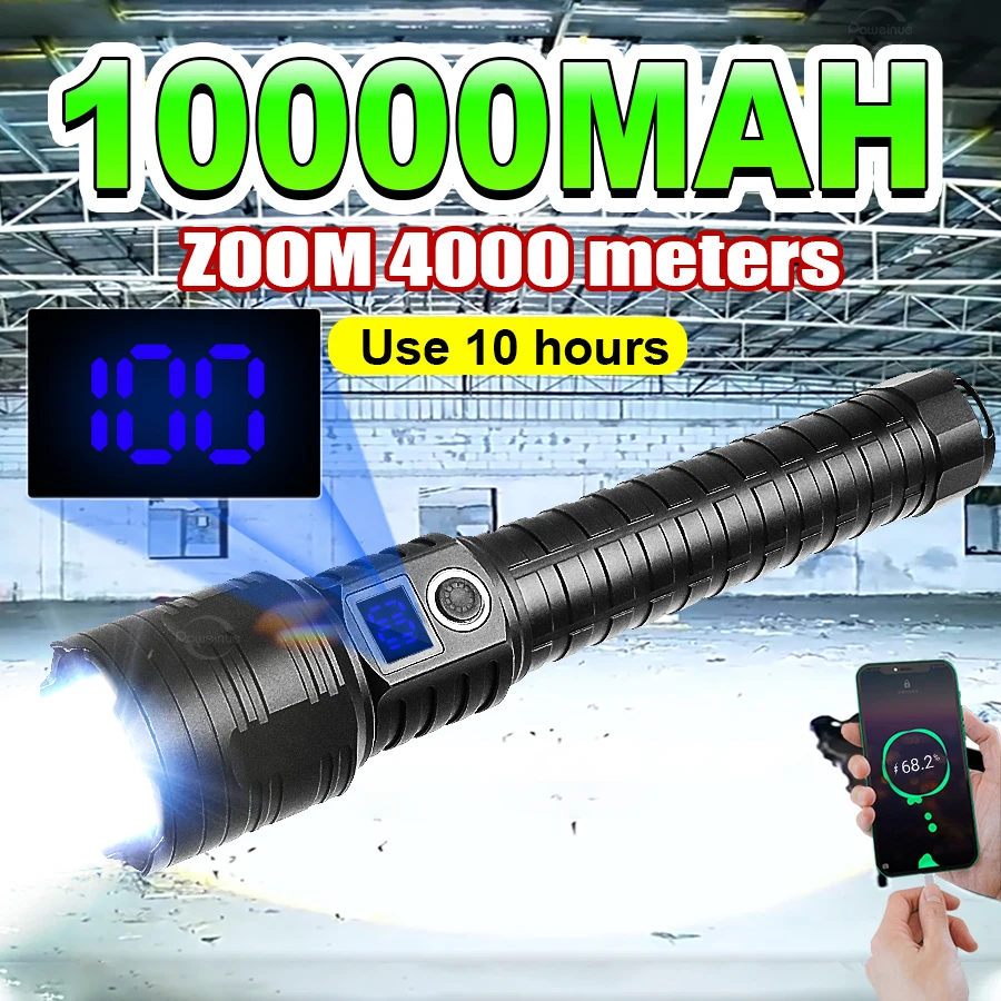 10000mAh High Power LED Flashlights Type-C Rechargeable Led Lamp Long Range 4000M Ultra Powerful Torch Lamp Tactical Flashlight