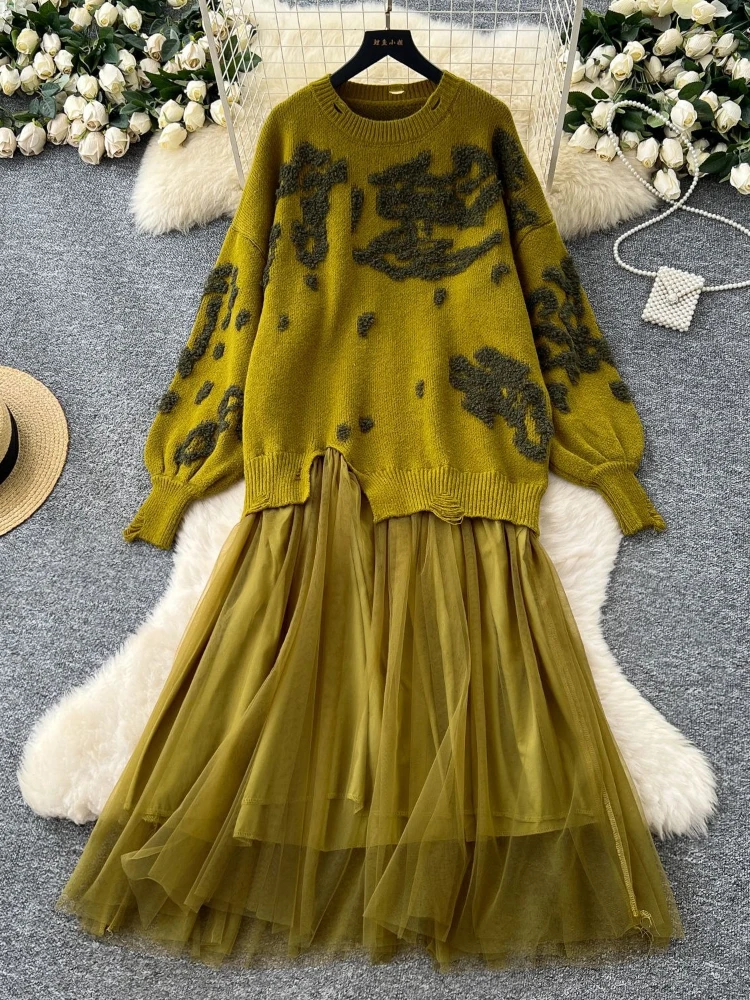 Lange jurk dames twee nep-jurken gebreid een lijn vestidos feestavond streetwear ronde hals volledige mouw elegant y2k werk